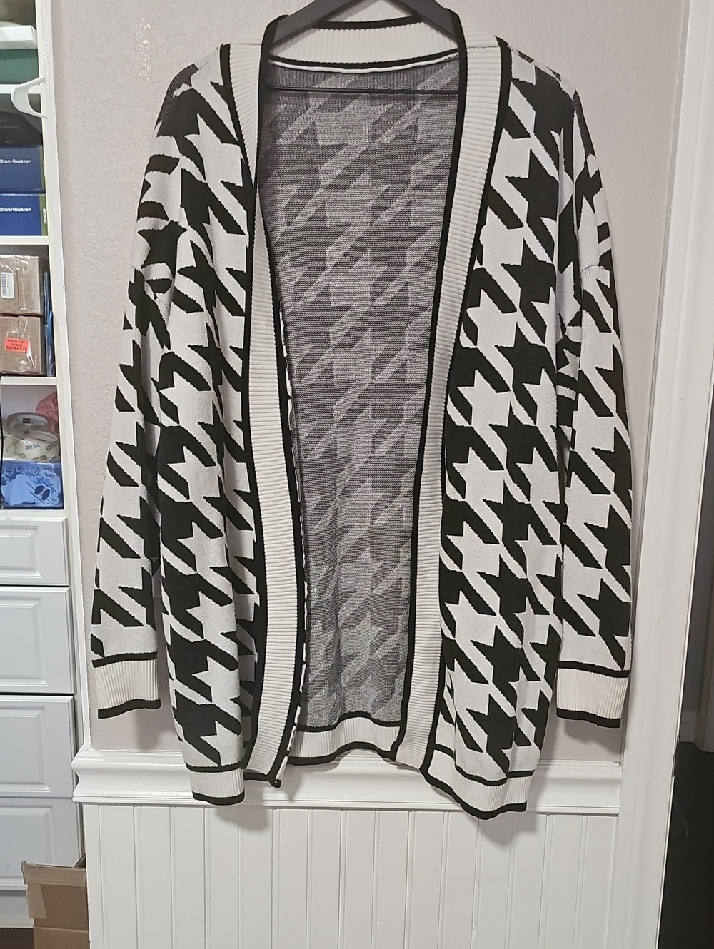 Black & White Houndstooth Open Cardigan Sweater XL